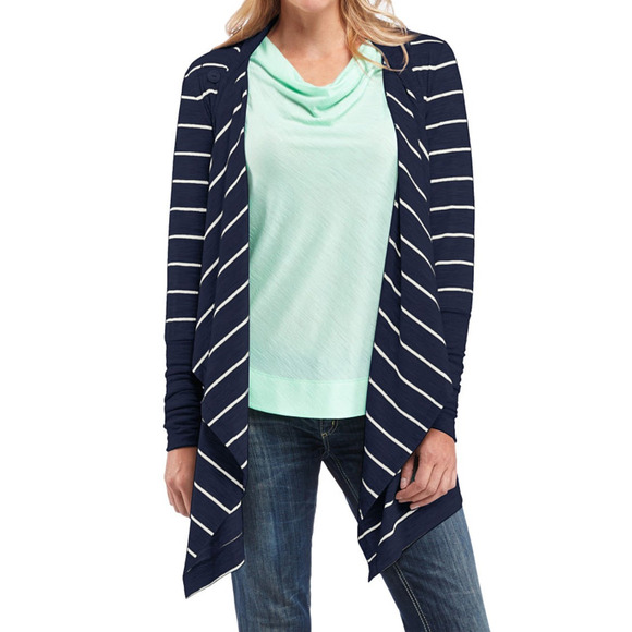 Icebreaker Bliss Wrap Merino Wool Cardigan Navy White Striped Tie Button Medium - Picture 8 of 16